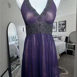 Cache Purple and Gold Beaded Dress